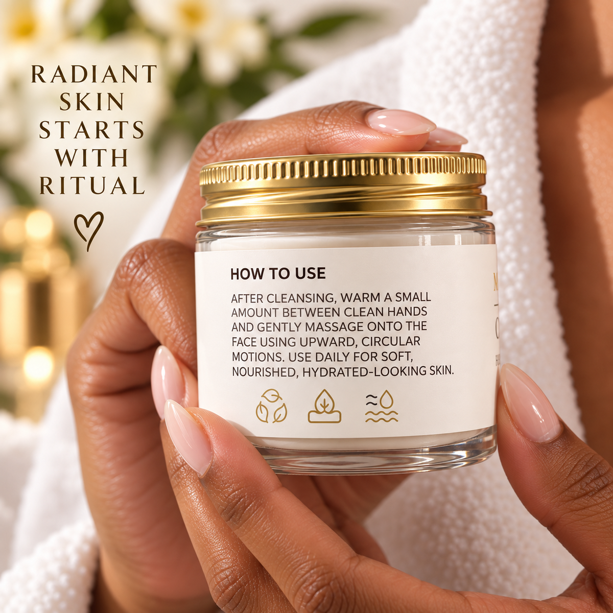 Choosing Me™ Whipped Tallow Facial Moisturizer showing How To Use side of jar held in hand