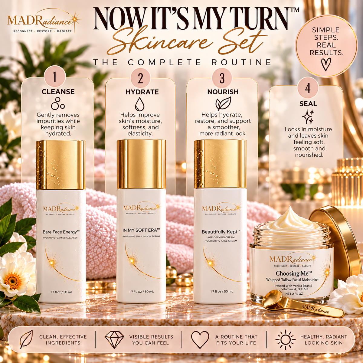 Now It’s My Turn™ Skincare Set by MADRadiance featuring Bare Face Energy™ Cleanser, In My Soft Era™ Snail Mucin Serum, Beautifully Kept™ Face Cream, and Choosing Me™ Whipped Tallow Facial Moisturizer.