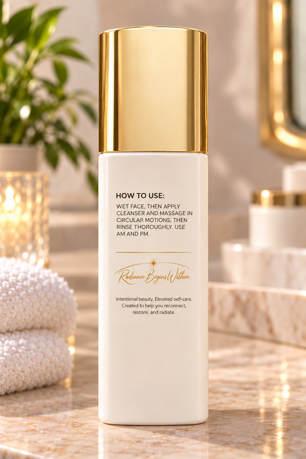 Bare Face Energy™ Hydrating Foaming Cleanser, right-side product view showing How to Use instructions and Radiance Begins Within tagline