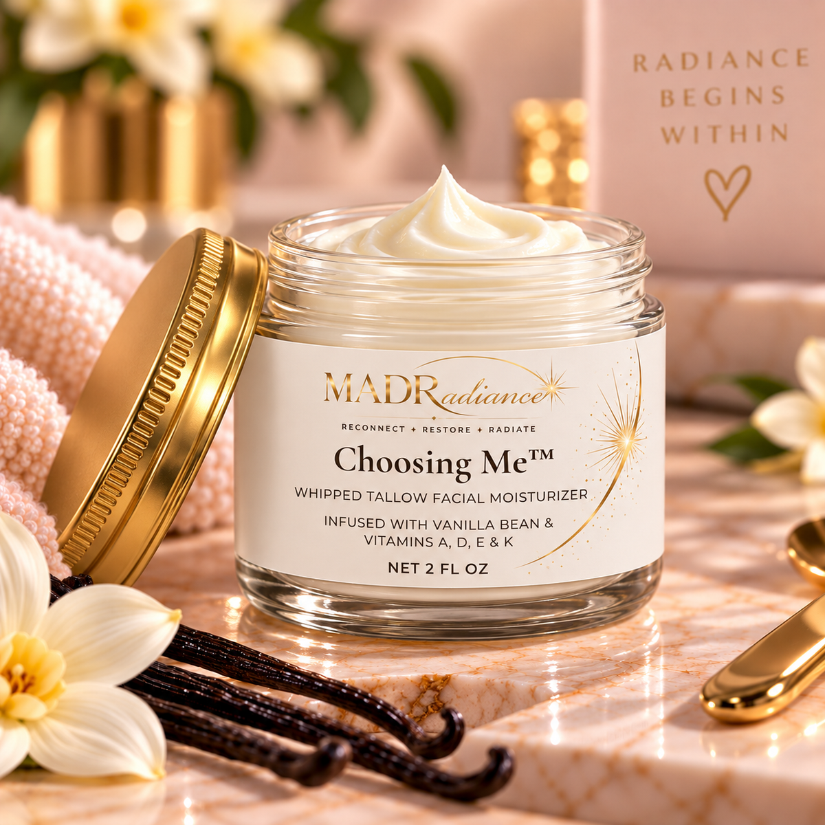 Choosing Me™ Whipped Tallow Facial Moisturizer with vanilla bean props and Radiance Begins Within message