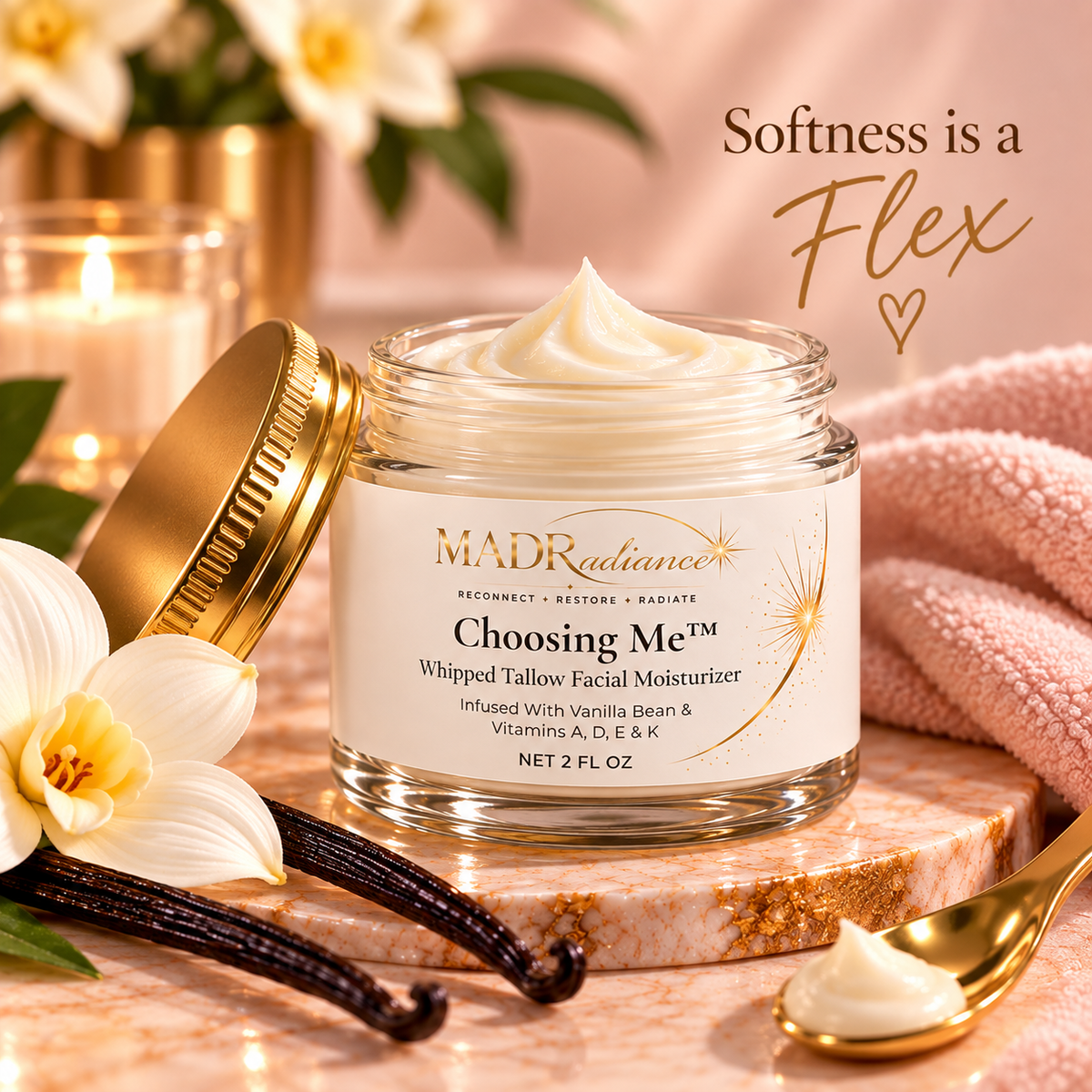 Choosing Me™ Whipped Tallow Facial Moisturizer with vanilla bean props and Softness is a Flex message