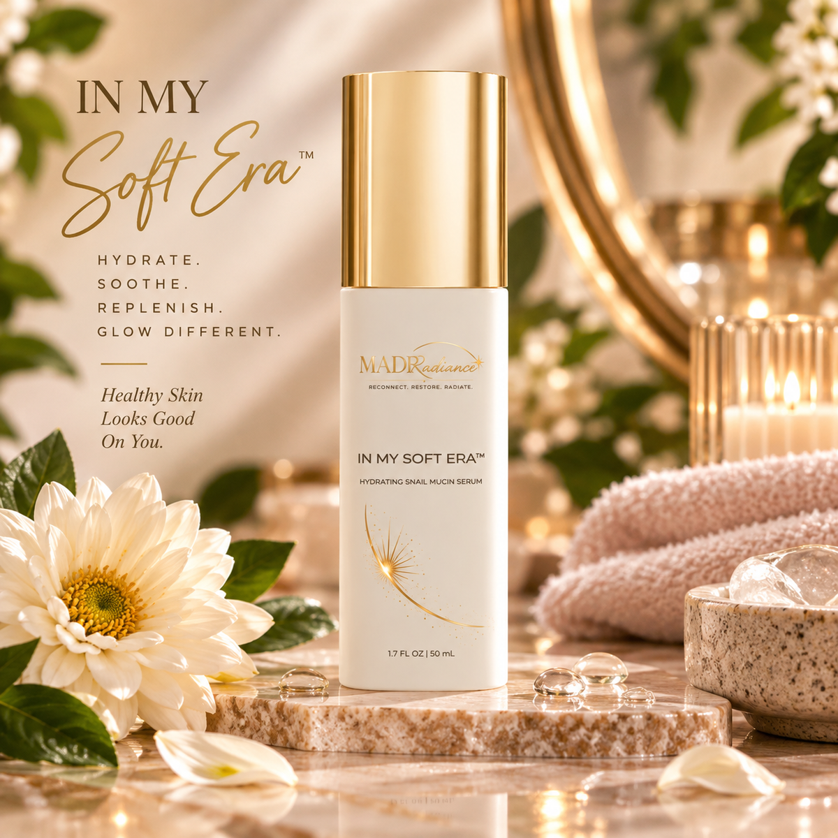 In My Soft Era hydrating snail mucin serum by MADRadiance in a soft spa setting