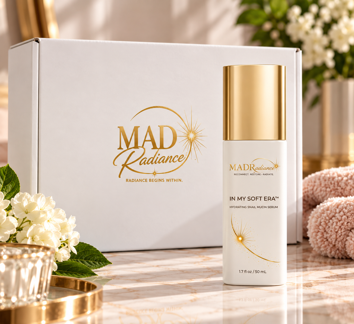 In My Soft Era snail mucin serum with MADRadiance branded shipping box