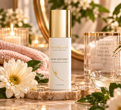 MADRadiance In My Soft Era snail mucin serum styled with flowers and soft spa details