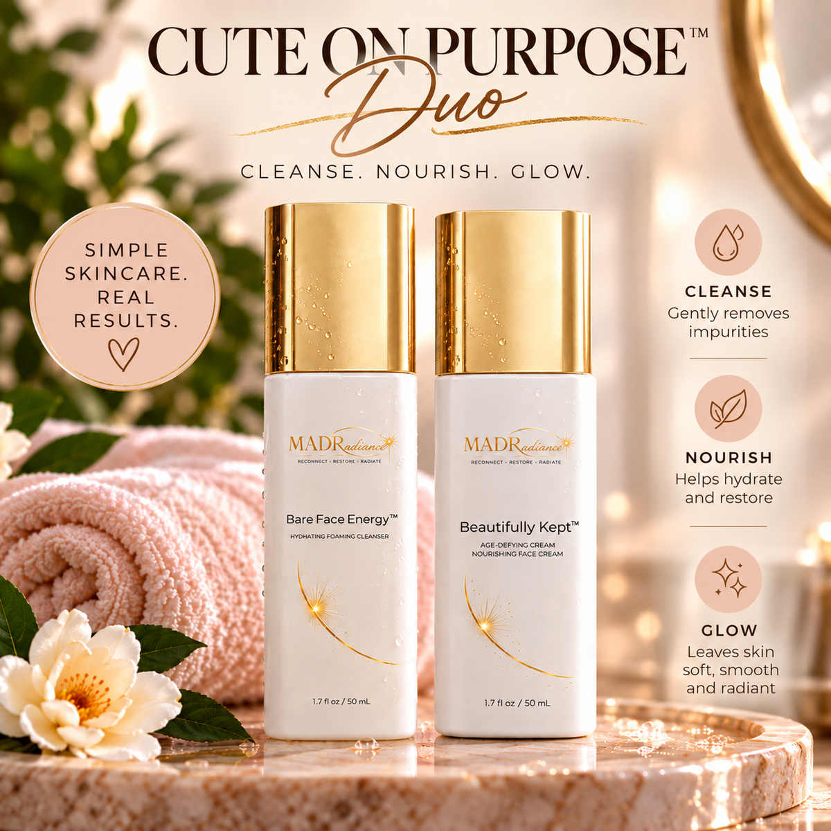 Cute on Purpose™ Duo by MADRadiance featuring Bare Face Energy™ Hydrating Foaming Cleanser and Beautifully Kept™ Age-Defying Face Cream in a soft pink skincare setting.