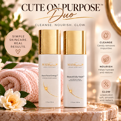 Cute on Purpose™ Duo by MADRadiance featuring Bare Face Energy™ Hydrating Foaming Cleanser and Beautifully Kept™ Age-Defying Face Cream in a soft pink skincare setting.